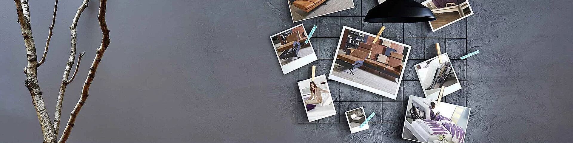 Foto einer Pinnwand mit verschiedenen Möbelteilen auf Fotos angepinnt
